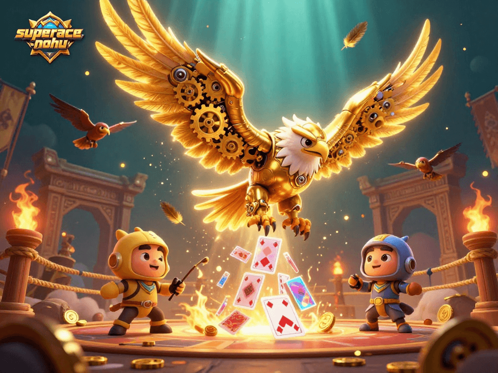 Experience thrill in superace-nohu with a golden eagle diving through holographic cards.