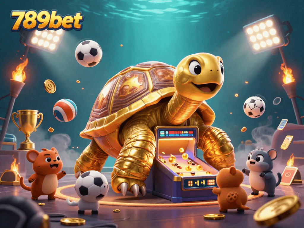 Experience the thrilling world of 789bet with an exciting casino scene featuring a golden tortoise pinball machine amidst dynamic sports elements.