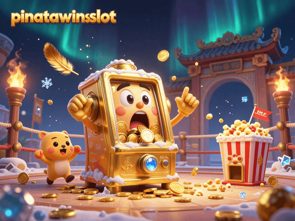 Experience the excitement of pinatawinsslot as a joyous golden slot machine hits the jackpot surrounded by gold coins.