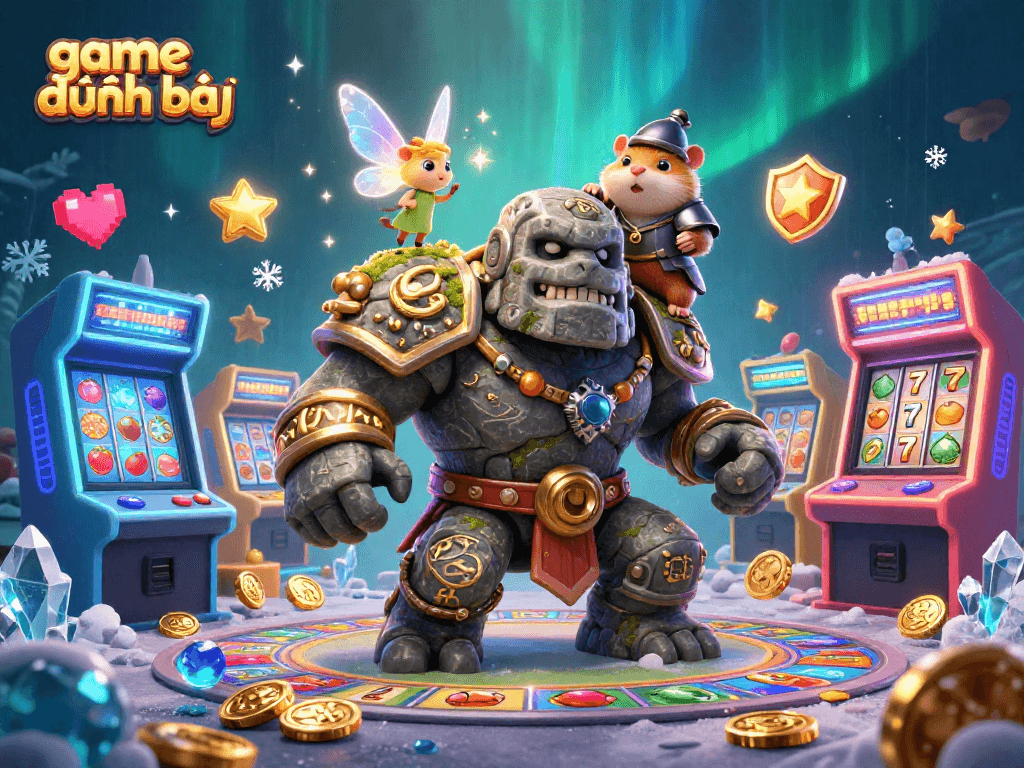 Experience the excitement of game đánh bài with an enchanting 3D scene featuring magical characters and casino elements.