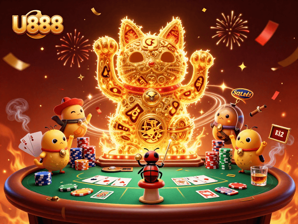 Experience U888's vibrant casino atmosphere with animated golden fireflies and poker symbols.