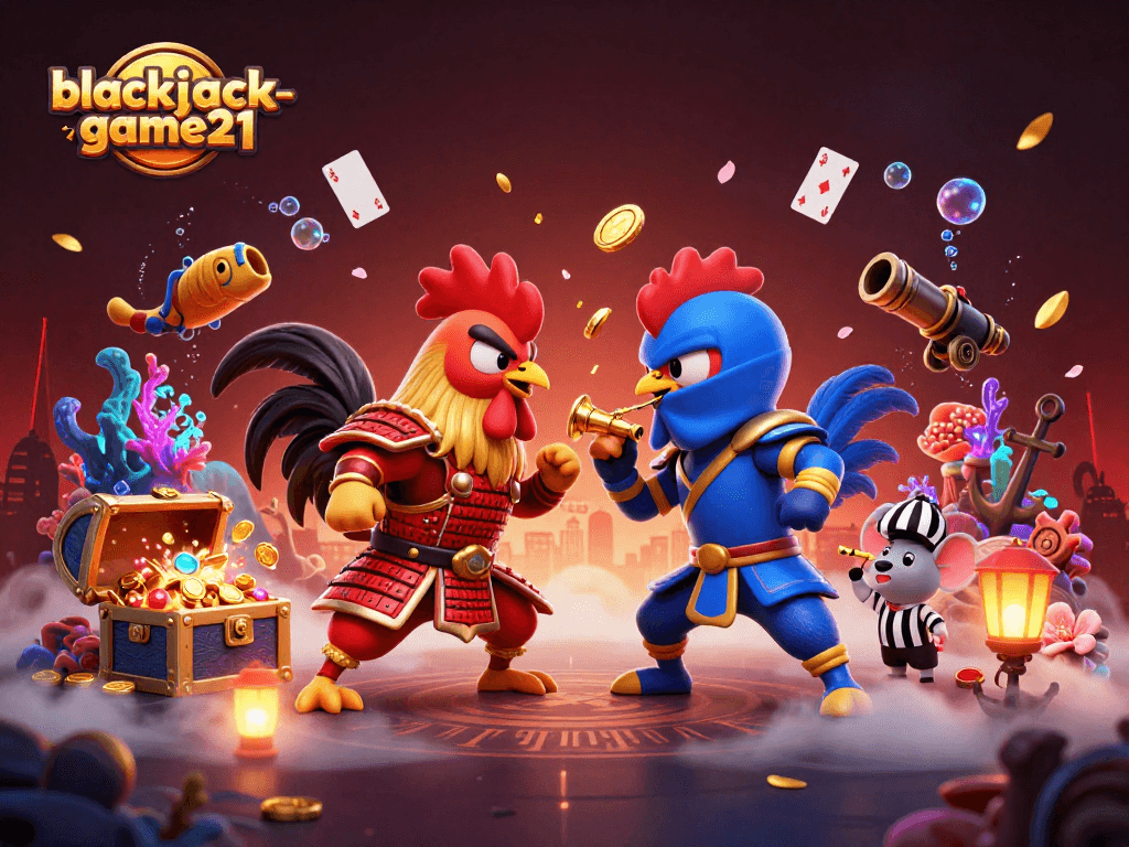 Engage in a thrilling showdown in blackjack-game21 with roosters in battle, coins flying around.
