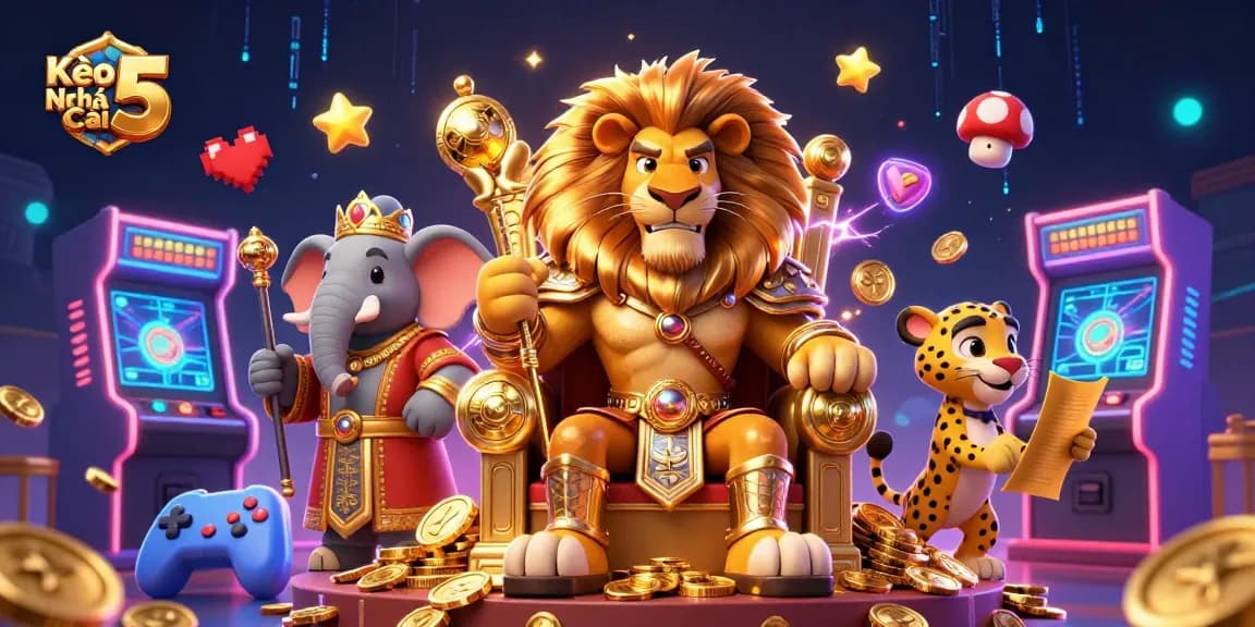 Kèo Nhà Cái 5 showcases a vibrant casino scene with a lion king and rich gaming elements.