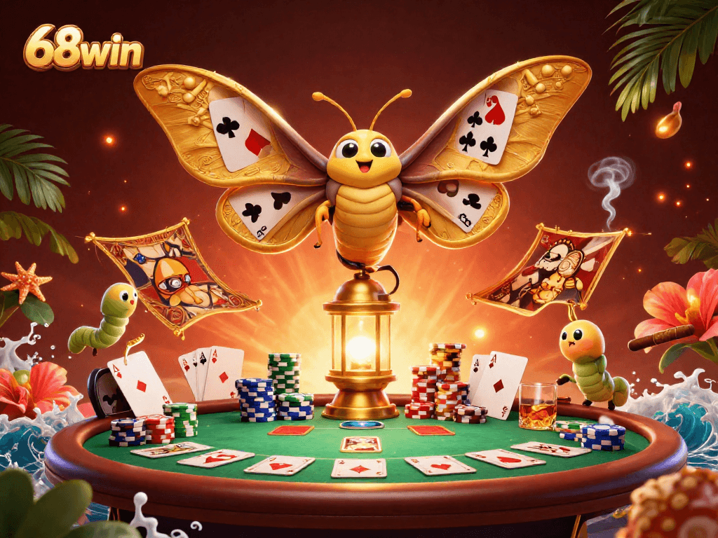 Experience the thrill of 68win as the majestic moth showcases a vibrant poker scene amidst a glamorous casino backdrop.