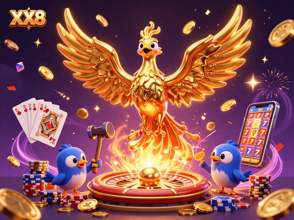 Experience the excitement of XX8 as a molten gold phoenix leads the way in a vibrant casino world.