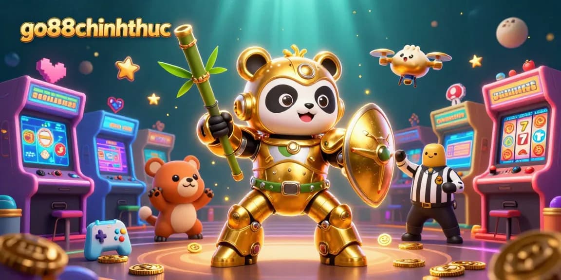Engage with the exciting world of go88chinhthuc, where a golden panda battles in a high-stakes casino arcade arena.