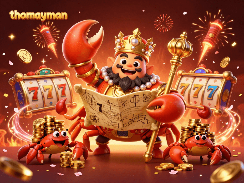 Experience thrilling gameplay with thomayman in a colorful 3D casino scene featuring golden riches and winning symbols.