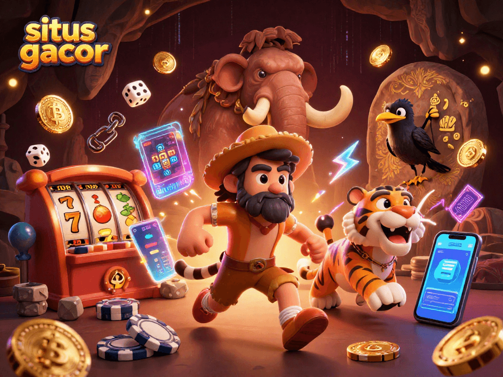 Menangkan jackpot dengan situs gacor dalam ilustrasi kasino prasejarah yang penuh petualangan.