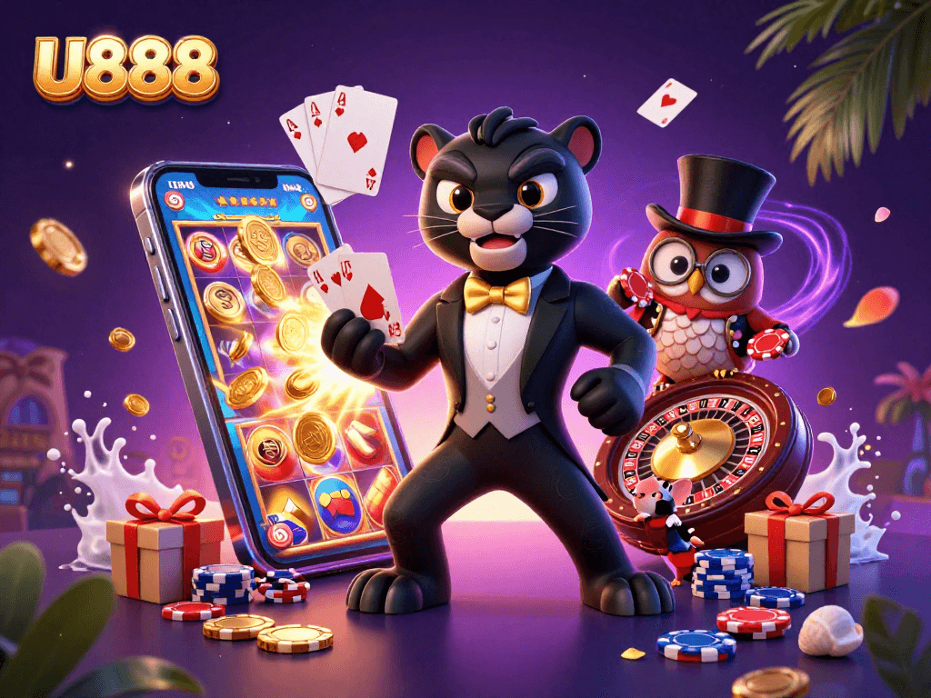 U888 players engaging in a vibrant casino scene, with stylish characters and dynamic gaming elements.
