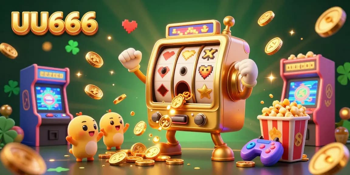 UU666 golden slot machine celebrates a jackpot with coins pouring out, surrounded by cheering baby slot machines and gaming elements.
