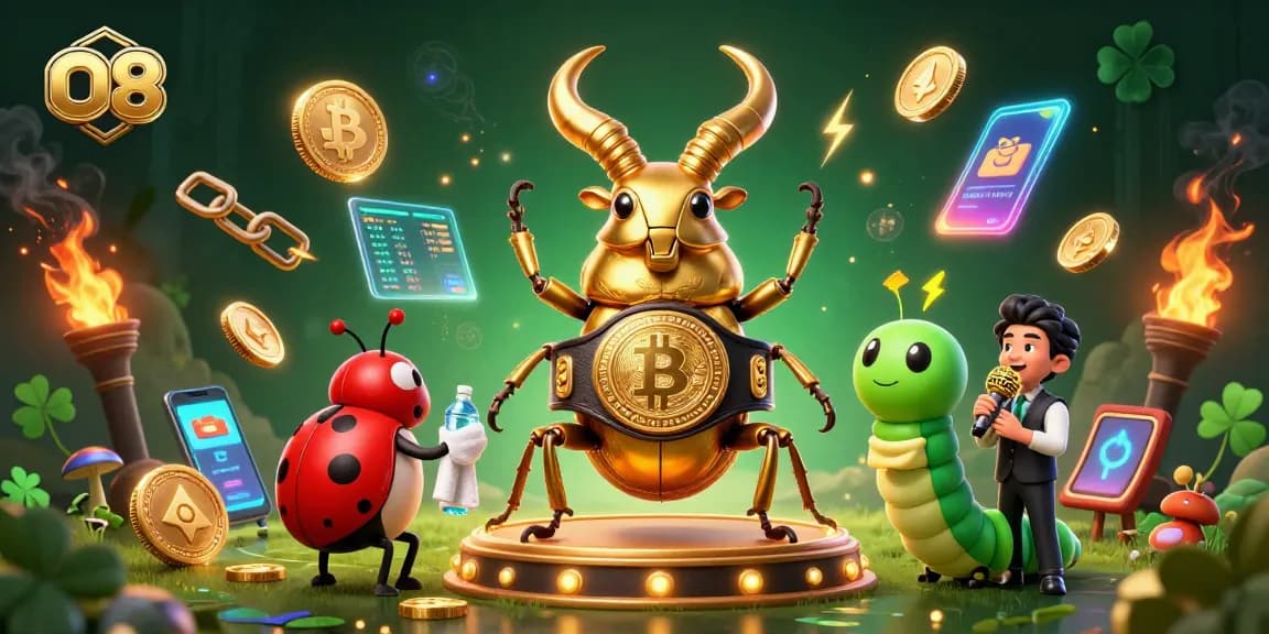 Experience O8's thrilling gameplay featuring a golden stag beetle champion in a vibrant casino atmosphere.