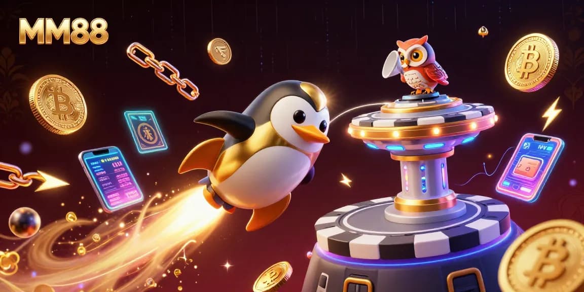 MM88 presents a dynamic scene of casino adventure with a golden penguin and vibrant crypto elements.
