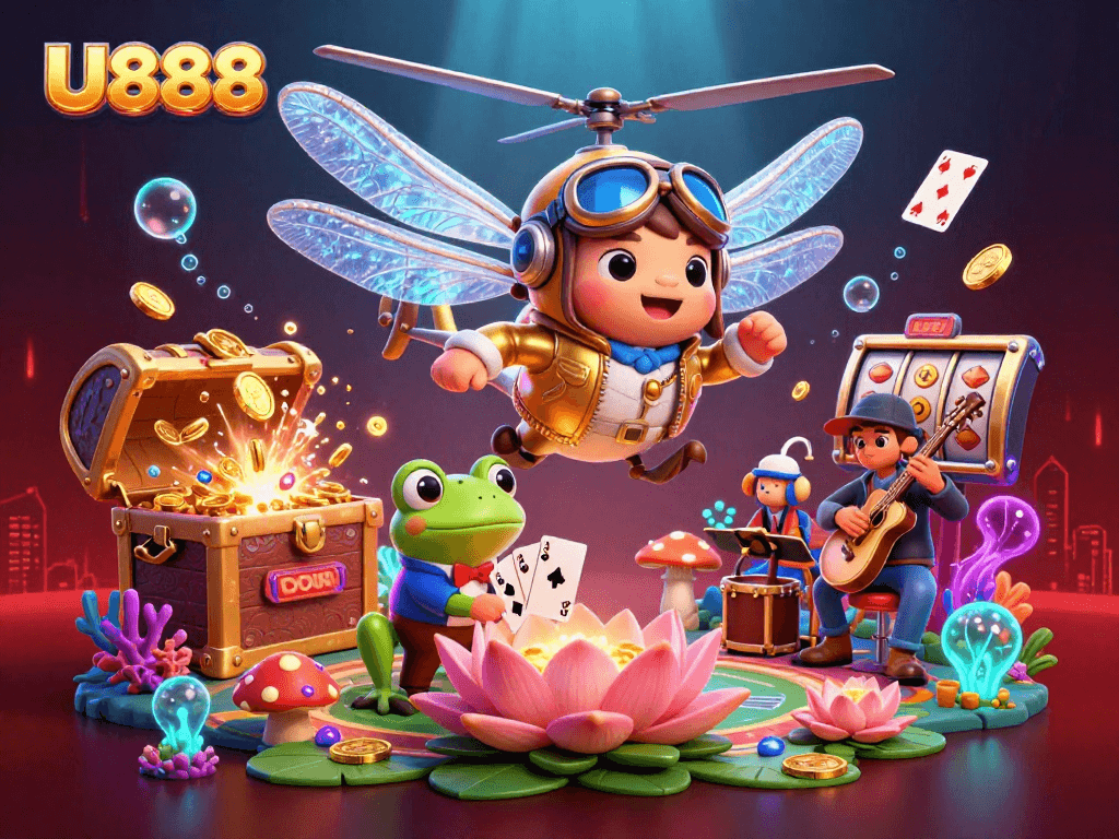 Engage with U888's dynamic gambling experience, featuring vibrant casino scenes and cartoon characters!