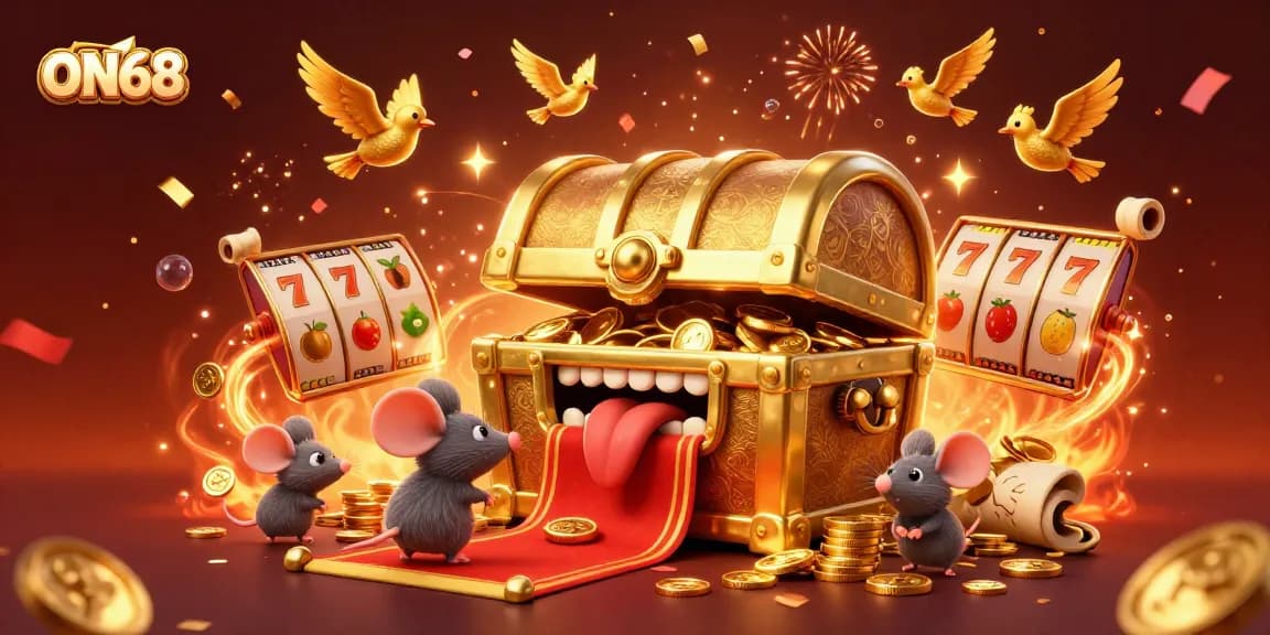 ON68 engages players with an epic treasure chest and vibrant slot game elements in a festive atmosphere.