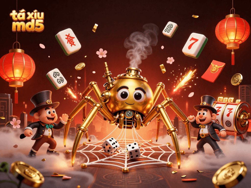 Experience high-stakes gaming with tài xỉu md5 amidst golden spider webs and dynamic casino elements.