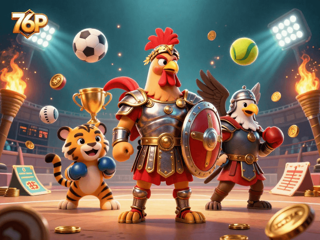 Aposte no 76P com o galo gladiador e tigre cub em ação, repleto de esportes e símbolos de vitória