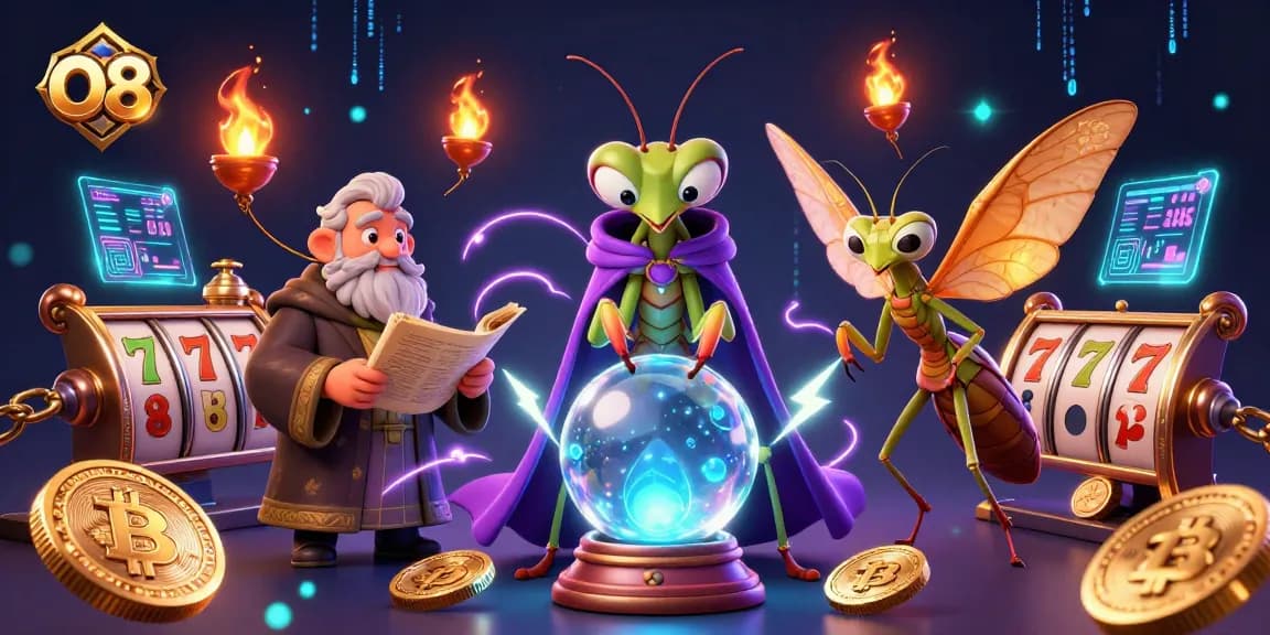 Engage in winning strategies at O8, illustrated with vibrant slot game elements and mystical characters.