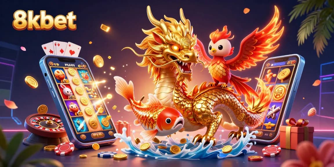 Experience thrilling moments with 8kbet's vibrant 3D casino scene featuring dynamic gaming elements and enchanting characters.