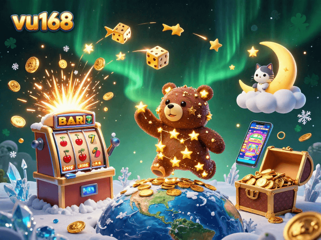 vu168 showcases a 3D constellation bear collecting coins amidst vibrant casino elements, emphasizing immersive gaming.