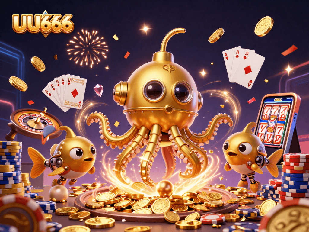 Experience thrilling gameplay at UU666 with a golden kraken submarine amidst coins and a vibrant casino backdrop.