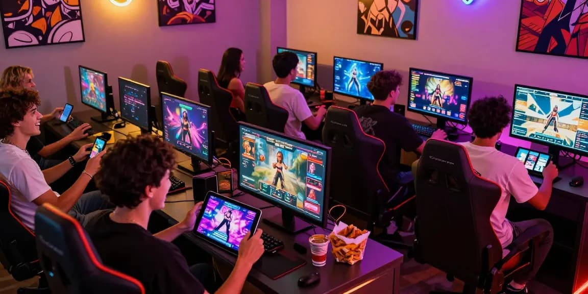 Friends enjoying sexgames in a lively gaming setup with colorful devices and playful atmosphere.