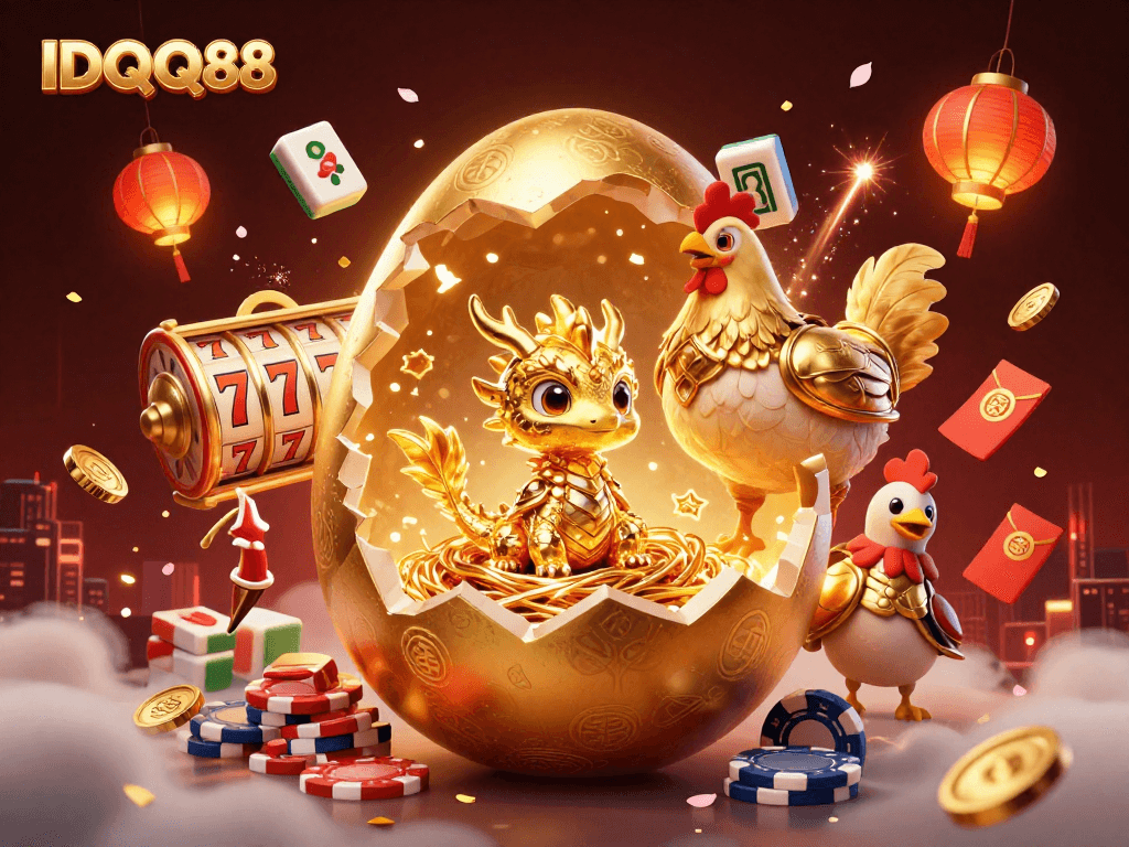 Experience the magic of IDQQ88 with a radiant golden dragon on poker chips and vibrant casino elements.
