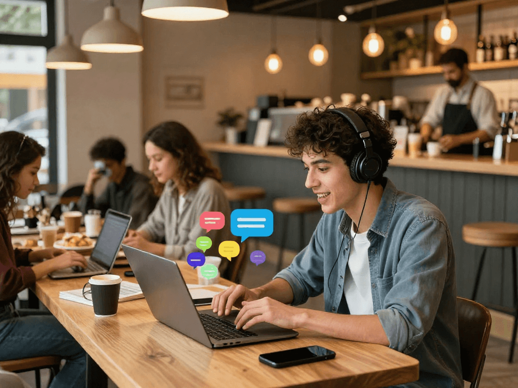Spicy chat scene with lively digital conversations in a cozy café setting, vibrant interactions displayed on a laptop screen.