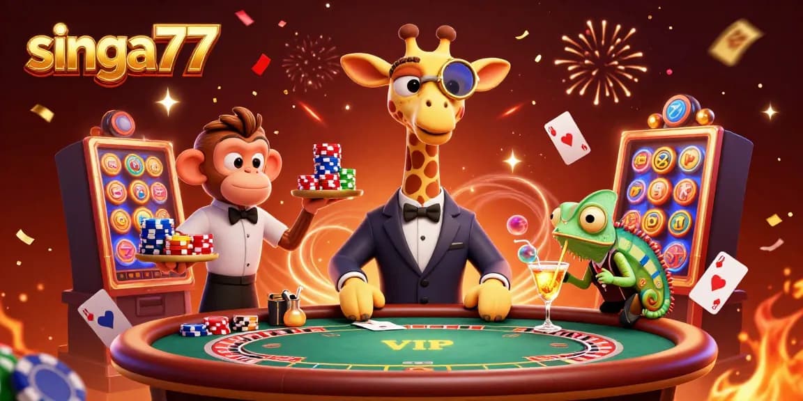Singa77 brings the excitement of poker with a high-roller giraffe, monkey valet, and chameleon bartender in a lavish casino scene.