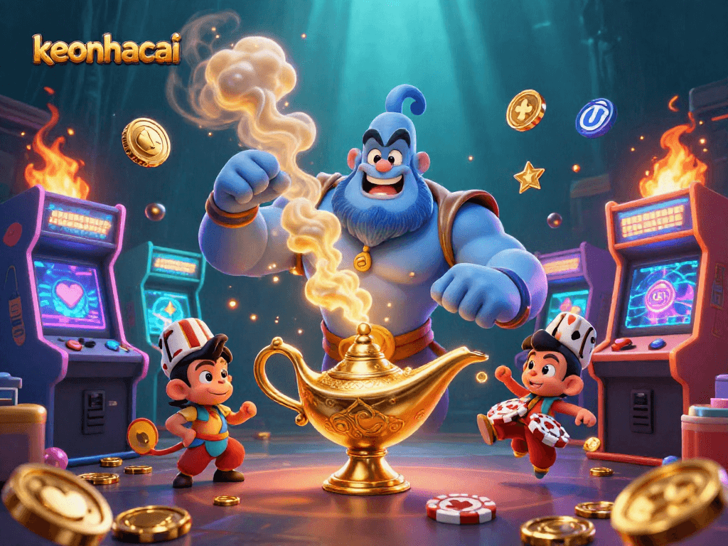Engage in thrilling gaming with keonhacai as the genie and monkey guide you through an ornate casino adventure.