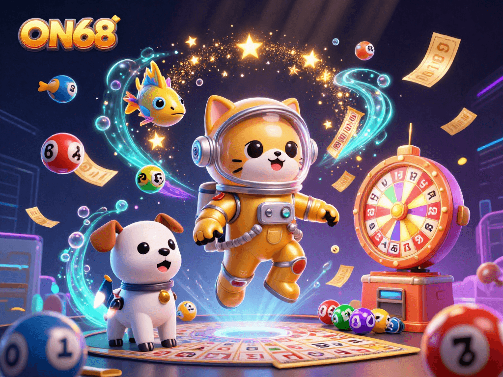 Experience ON68 gaming with a dynamic scene featuring a cat astronaut, robot dog, lottery balls, and magical prizes.