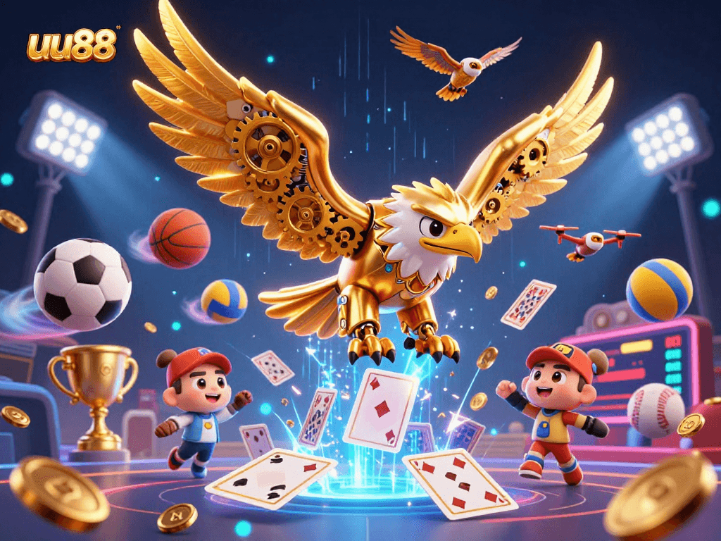 Experience thrilling wins at uu88 with dynamic 3D illustrations of a cybernetic eagle and vibrant casino elements.