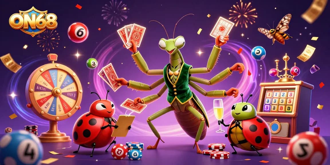 Experience the excitement of ON68 with a vibrant illustration of a giant mantis dealer in a colorful casino scene.
