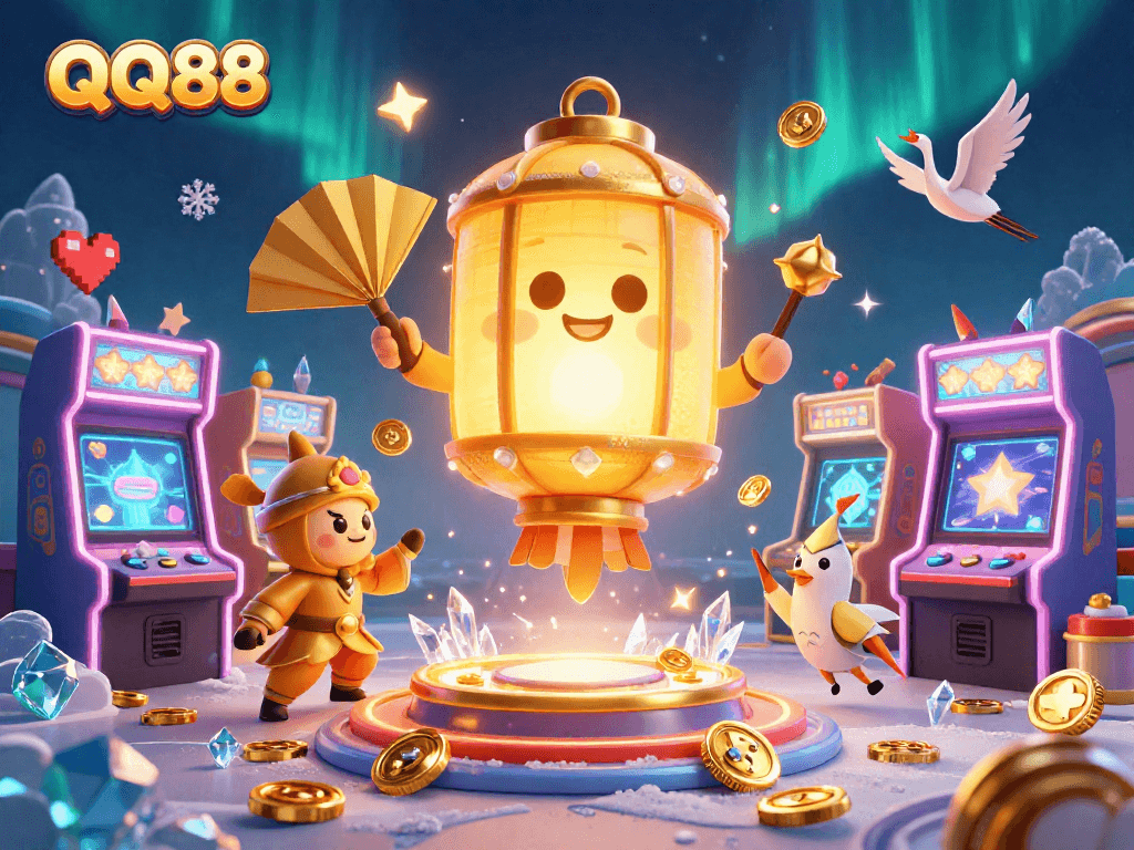 Enjoy thrilling gaming action at QQ88's vibrant casino featuring colorful game elements and lively characters.