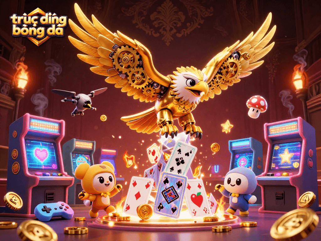 Experience trực tiếp bóng đá in style with this dynamic casino-themed illustration featuring a golden eagle.