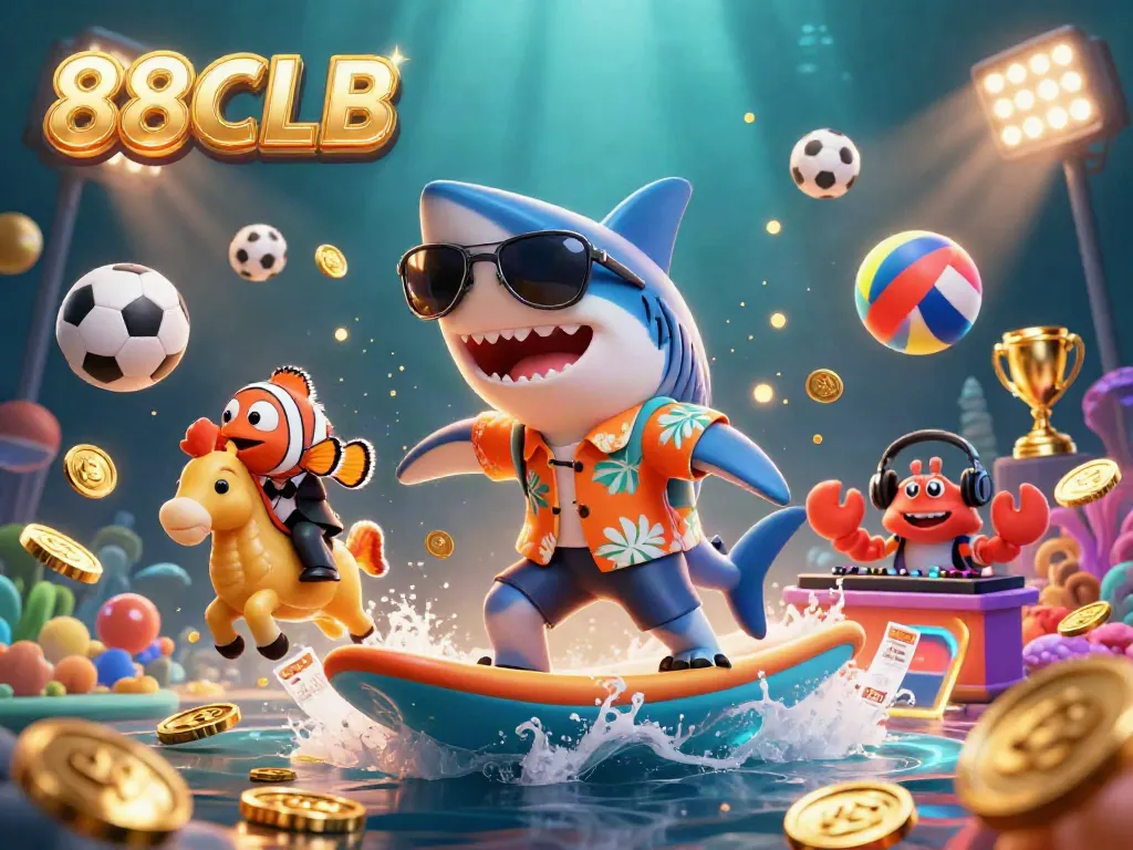 Experience exciting gaming at 88CLB with a playful shark and friends surfing on golden coins.