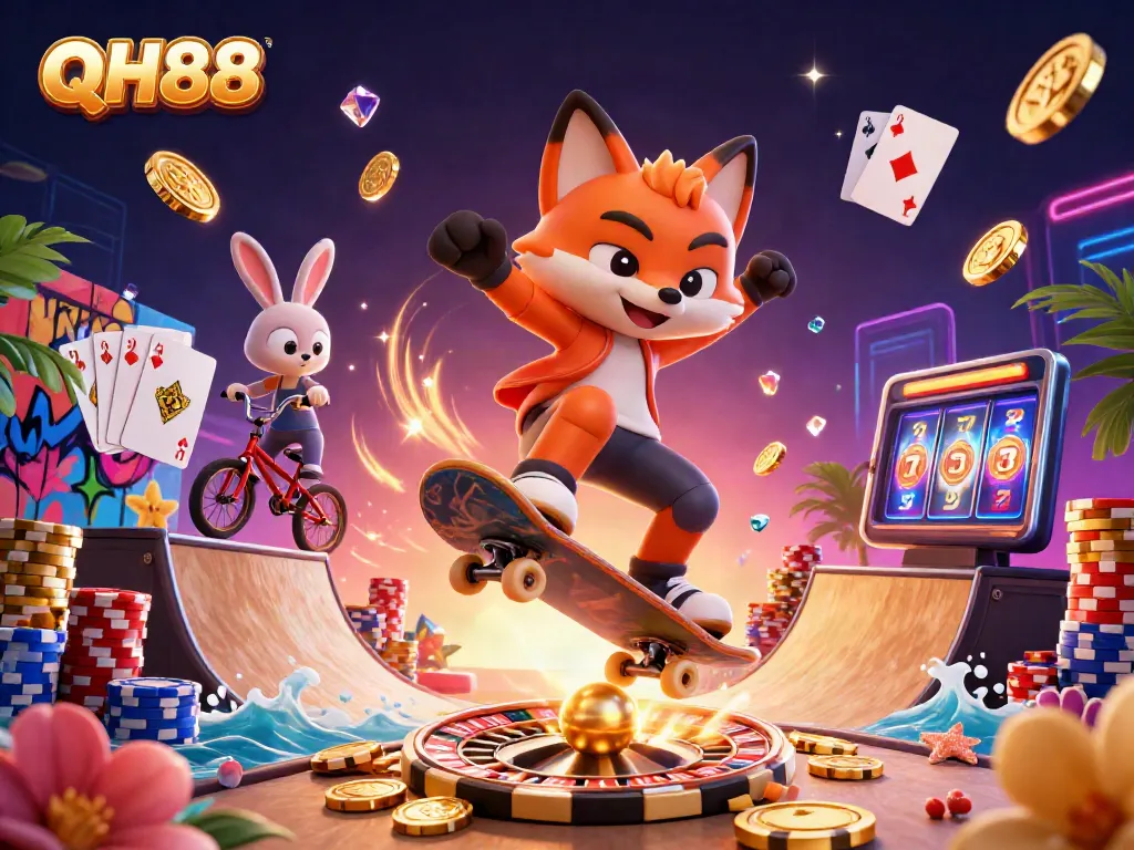 Engage with the vibrant QH88 illustration featuring dynamic gambling elements and colorful characters.