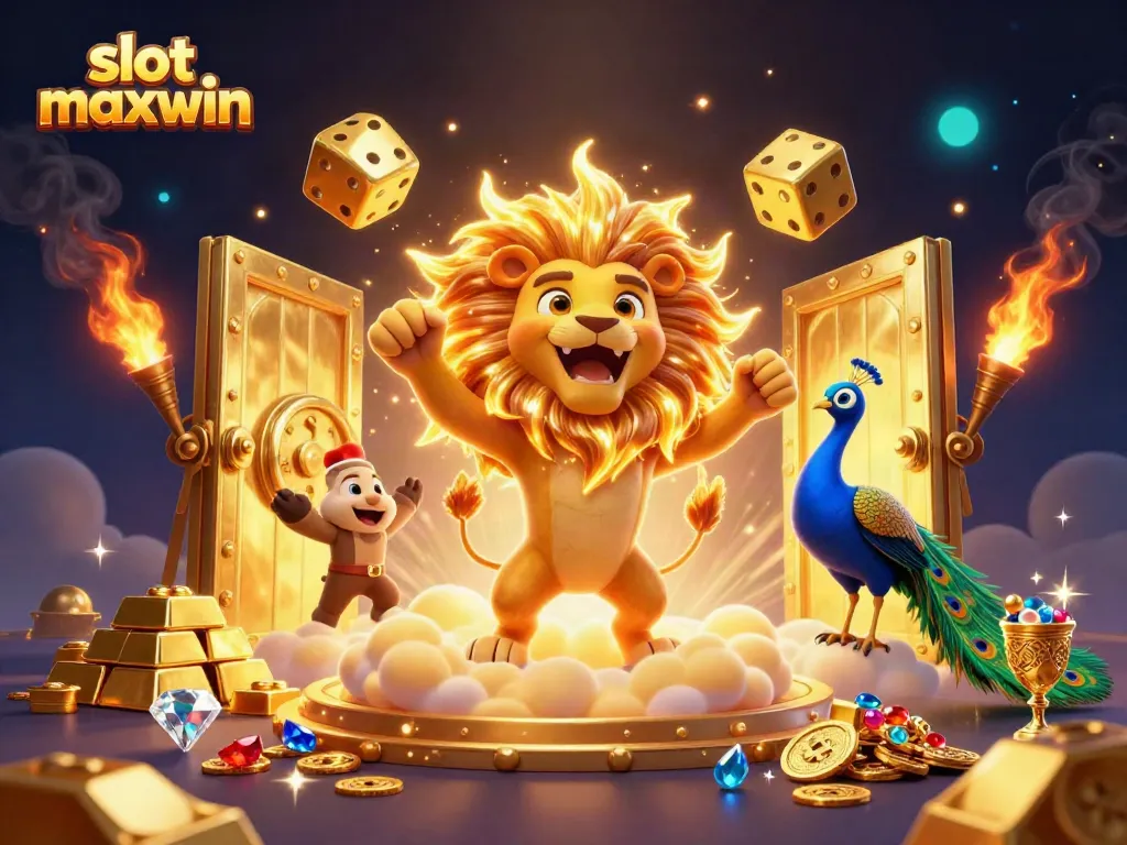 Experience excitement with slot maxwin as a vibrant scene of golden treasures and animated characters unfolds.
