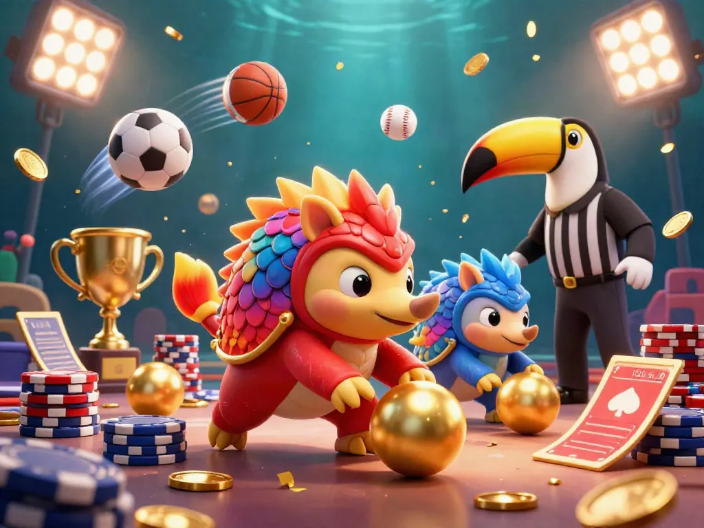 Engage with LIGALGO’s vibrant illustration showcasing sports betting action featuring pangolins and dynamic game elements.