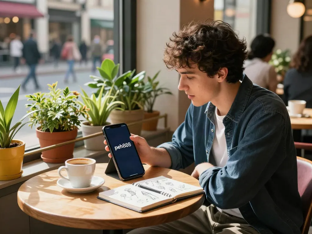Youth engaging with the peh888 app in a trendy urban café setting, showcasing vibrant decor and a lively atmosphere.