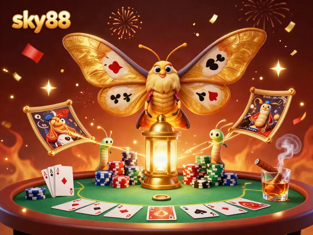 Engage in winning strategies at sky88 with vibrant casino elements and golden moth art.