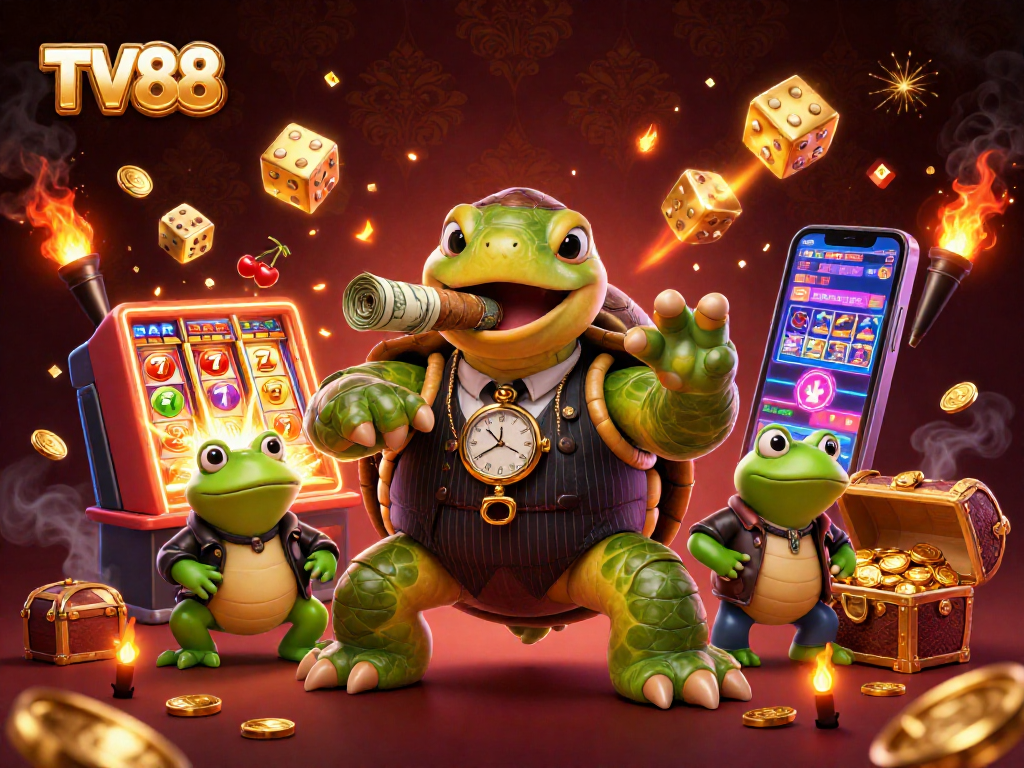Experience thrilling moments at TV88 with a cartoon turtle mobster and vibrant casino elements.
