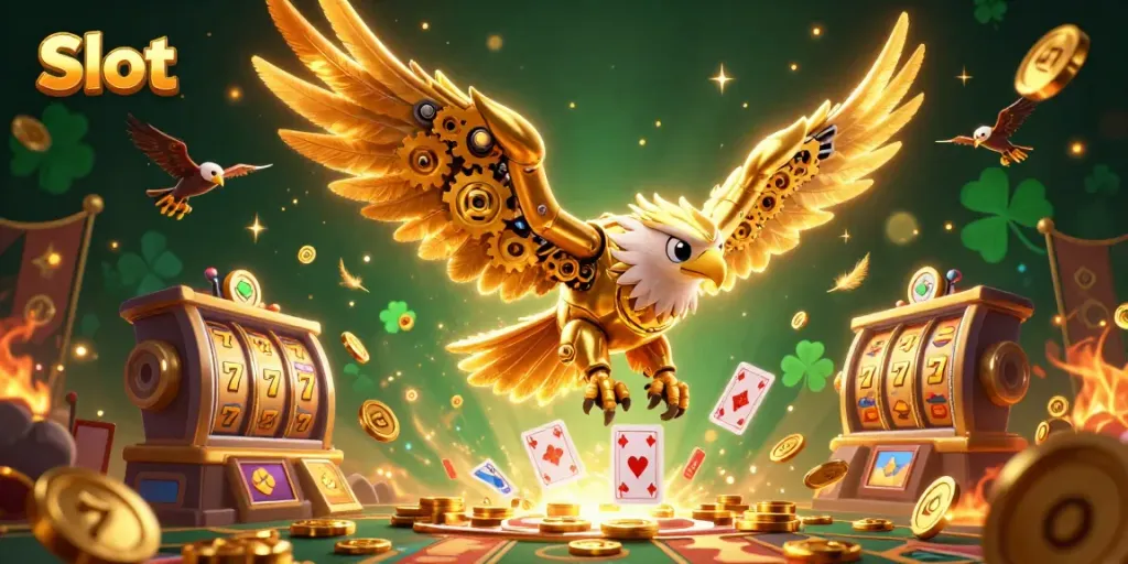 Catch big wins in Slot games with the golden eagle soaring through a casino paradise.