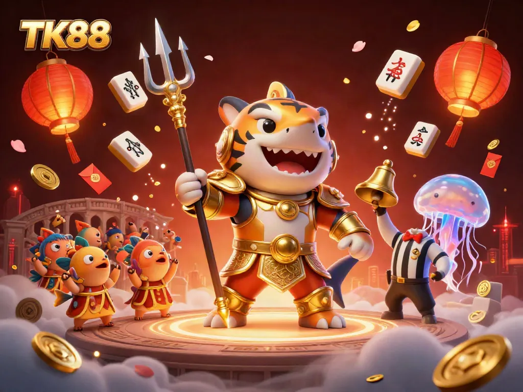 Experience lively gaming with TK88, featuring a vibrant underwater colosseum and festive casino elements.