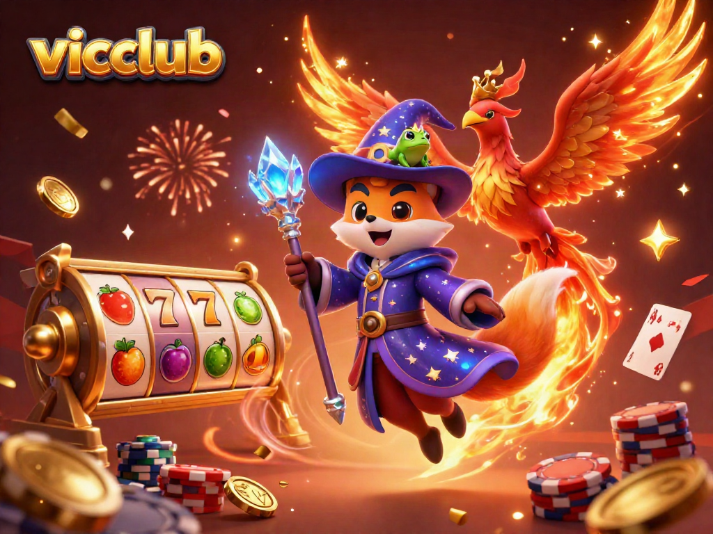 Engage in winning strategies at vicclub with a vibrant cartoon illustration of a wizard fox and phoenix.