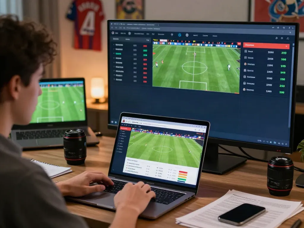 Engaged user analyzing live betting odds on WWBOLA with sports memorabilia.