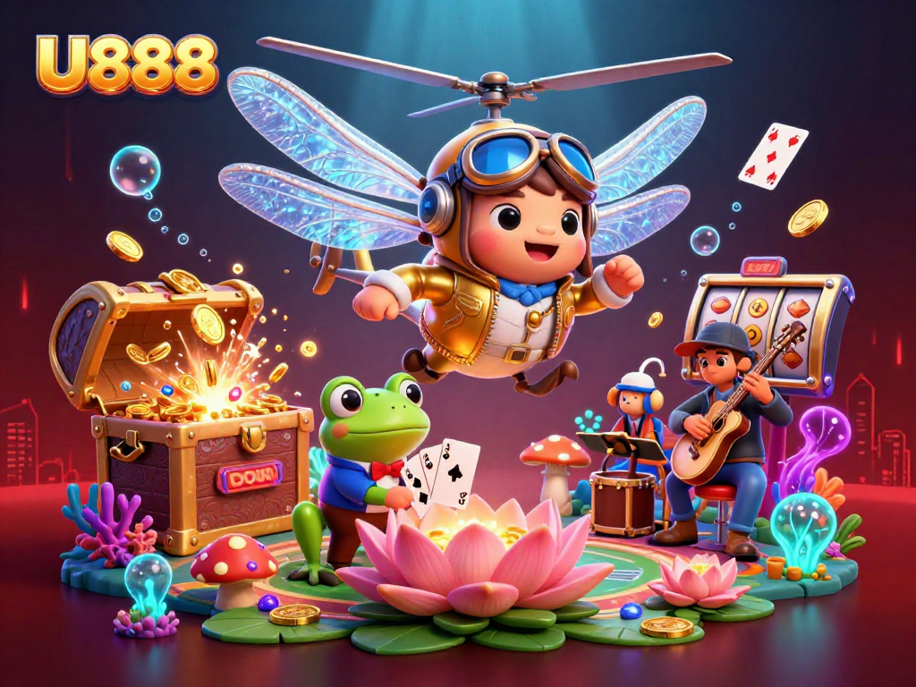 Engage with U888's dynamic gambling experience, featuring vibrant casino scenes and cartoon characters!
