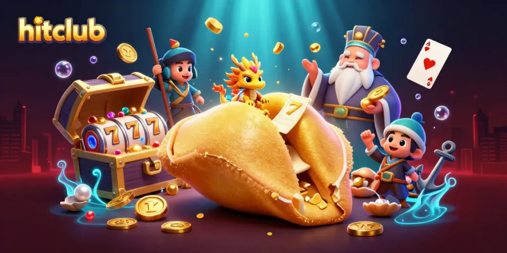 hitclub showcases dynamic gaming with a vibrant scene featuring a golden cookie and playful characters.