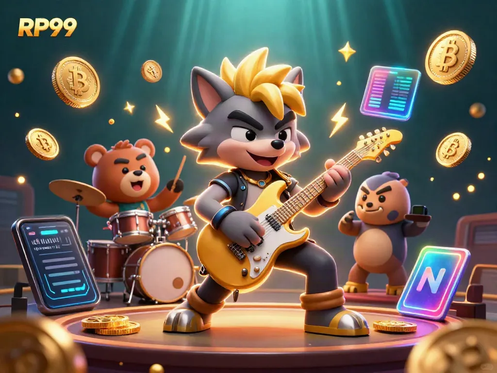 Experience thrilling moments with RP99 as a wolf rock star shreds on stage amidst vibrant casino elements.
