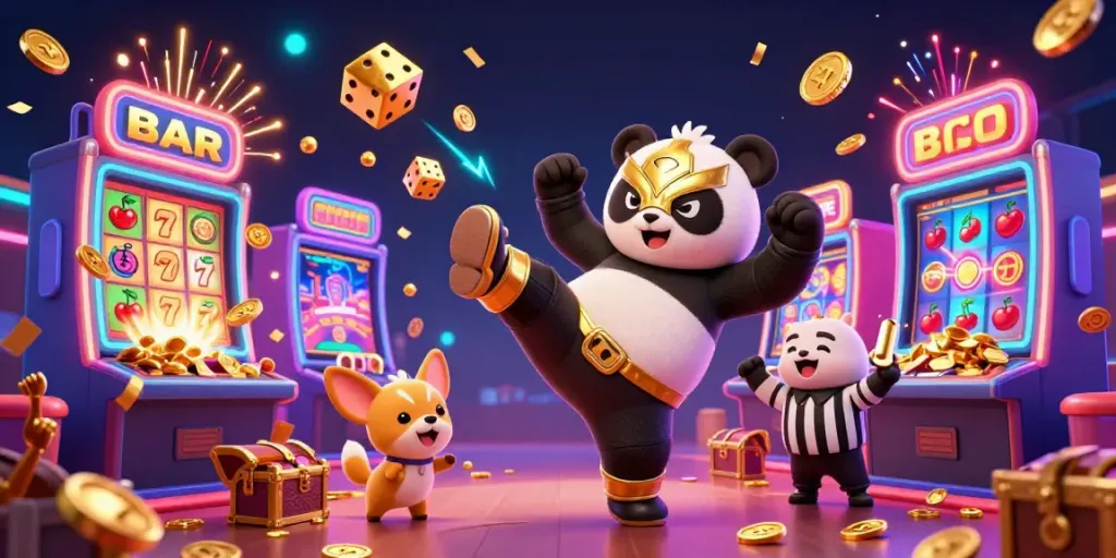 Experience thrilling Call Girls in Noida with 3D animated casino excitement featuring a panda wrestler and vibrant game elements.