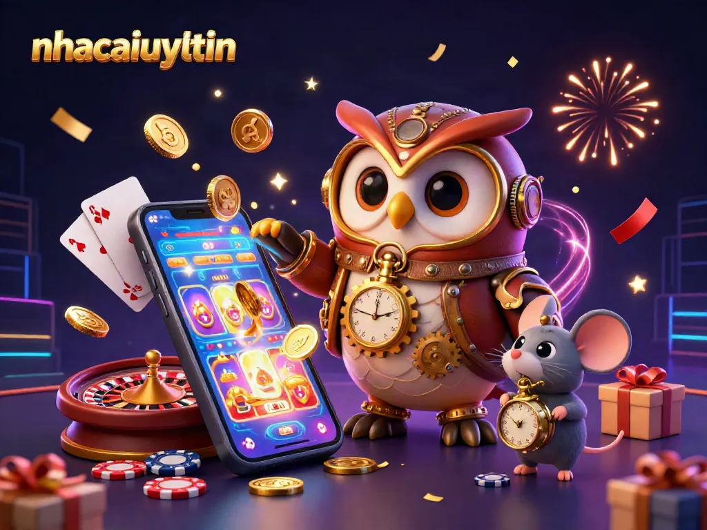 Experience vibrant gaming in the nhacaiuytin 3D casino illustration with slots, cards, and festive confetti.